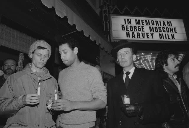 <p>Roger Ressmeyer/CORBIS/VCG/Getty</p> Mourners hold a candlelight vigil for Mayor George Moscone and Harvey Milk.