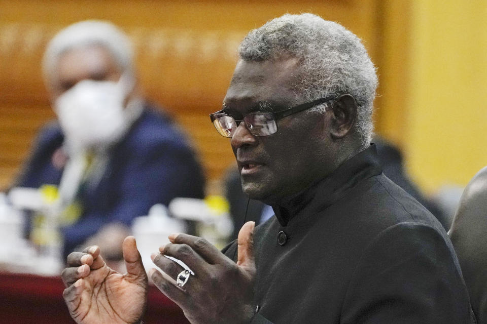 Visiting Solomon Islands Prime Minister Manasseh Sogavare speaks during a bilateral meeting with his Chinese counterpart Li Qiang at the Great Hall of the People in Beijing, Monday, July 10, 2023. (AP Photo/Andy Wong, Pool)