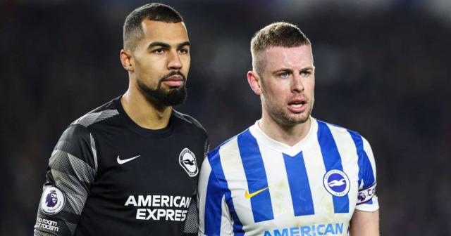 Robert Sanchez of Brighton and Hove Albion (left) and Adam Webster of Brighton and Hove Albion (right) in action during the Premier League match at the AMEX Stadium, Brighton and Hove Credit: Alamy