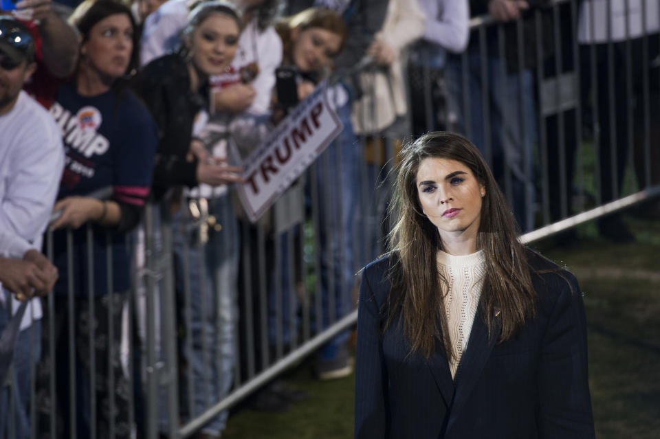 UNITED STATES - FEBRUARY 28: Hope Hicks, communications aide for Republican presidential candidate Donald Trump, attends a campaign rally at Madison City Schools Stadium in Madison, Ala., February 28, 2016.