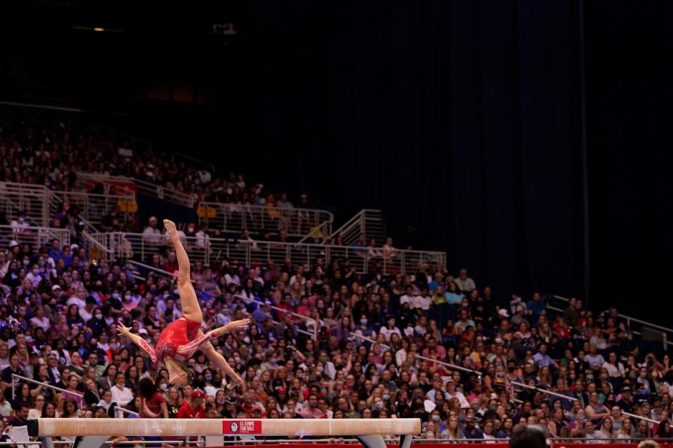 Grace McCallum competes on beam during the women's U.S. Olympic Gymnastics Trials on June 27, 2021, in St. Louis, Missouri.