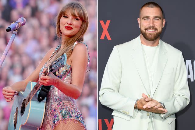 <p>Fernando Leon/TAS23/Getty Images for TAS Rights Management; JC Olivera/Getty</p> Taylor Swift and Travis Kelce at the Eras Tour in Kansas City in July 2023