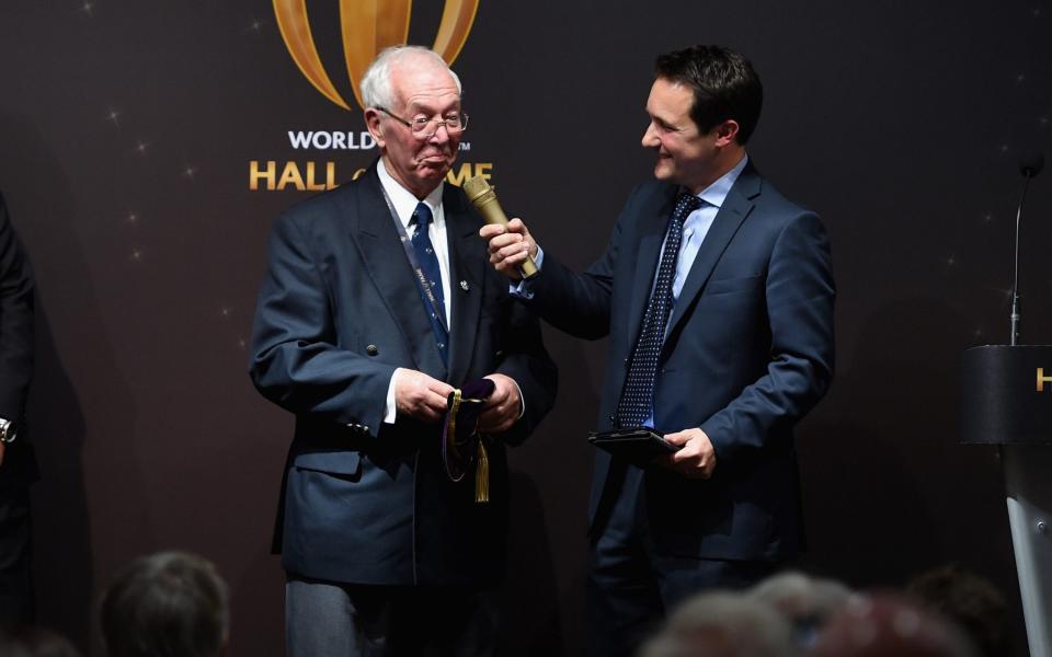 John Dawes is interviewed by Seb Lauzier at the Induction ceremony during the World Rugby via Getty Images Hall of Fame Launch -  Tony Marshall - World Rugby via Getty Images/World Rugby via Getty Images