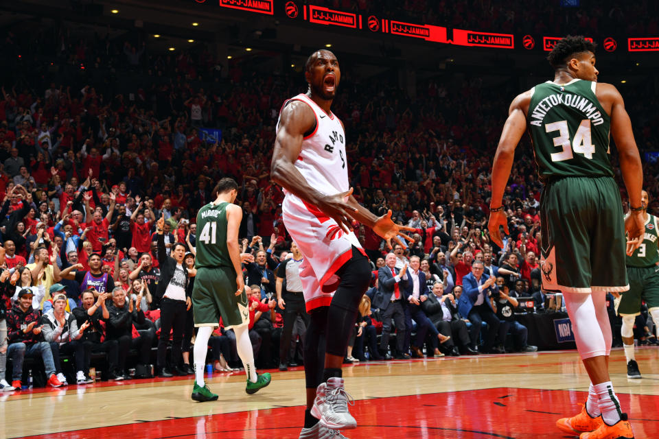 TORONTO, CANADA - MAY 21: Serge Ibaka #9 of the Toronto Raptors reacts during a game against the Milwaukee Bucks during Game Four of the Eastern Conference Finals of the 2019 NBA Playoffs on May 19, 2019 at the Scotiabank Arena in Toronto, Ontario, Canada.  NOTE TO USER: User expressly acknowledges and agrees that, by downloading and or using this Photograph, user is consenting to the terms and conditions of the Getty Images License Agreement.  Mandatory Copyright Notice: Copyright 2019 NBAE (Photo by Jesse D. Garrabrant/NBAE via Getty Images)