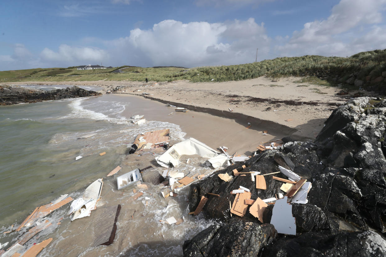 The scene in Claddaghduff, near Clifden in Co Galway where a woman died after her caravan was blown off a cliff in Storm Ali (Getty Images)