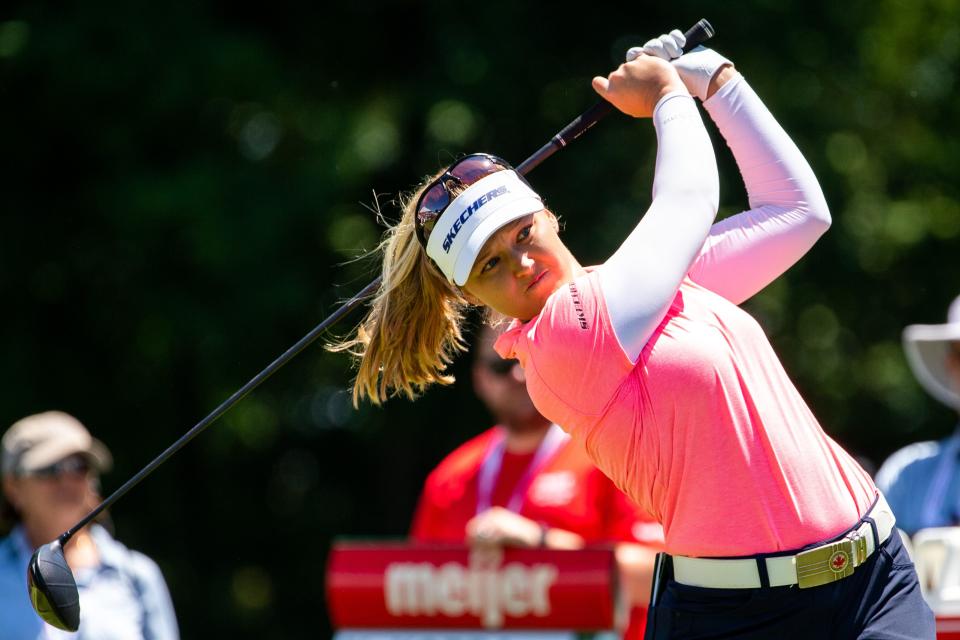 Brooke Henderson tees off on the first hole of the Meijer LPGA Classic Thursday, June 16, 2022, at Blythefield Country Club in Belmont Michigan. 