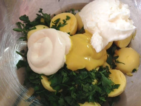 egg yolks with mayo, table cream, cilnatro, and mustard ready to mix. 