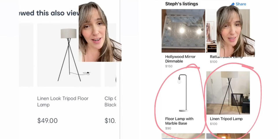 Stills from TikTok video showing Bec Brewin and Facebook Marketplace ad for Kmart lamps