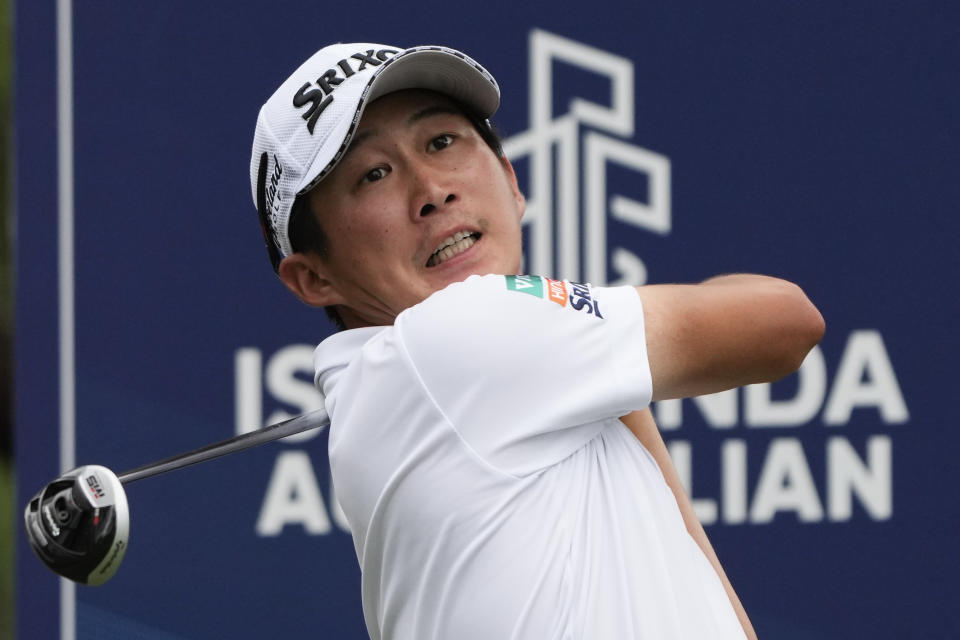 Japan's Rikuya Hoshino hits off the 18th tee during the third round of the Australian Open Golf Championships at the Australian Golf Club in Sydney, Australia, Saturday, Dec. 2, 2023. (AP Photo/Mark Baker)