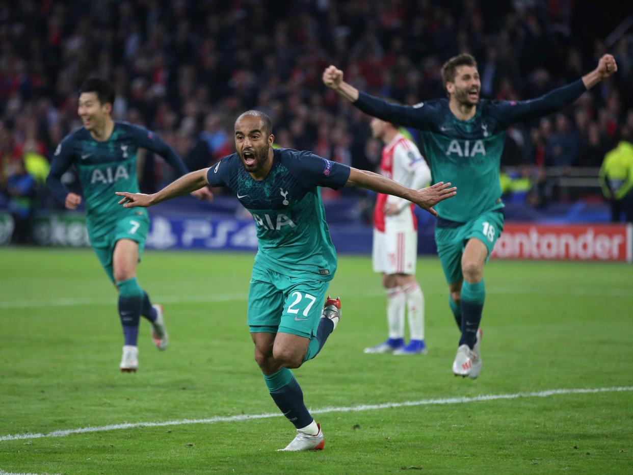 Tottenham forward Lucas Moura celebrates scoring against Ajax (Tottenham Hotspur FC via Getty Images)