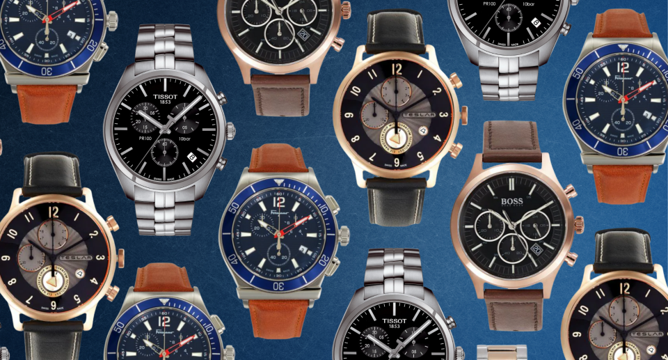 men's watches on blue background, brown leather hugo boss watch, black leather watch, silver tissot watch
