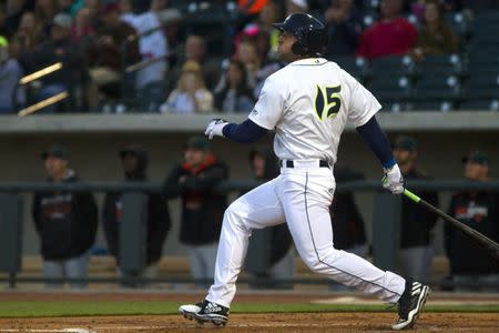 Apr 6, 2017; Columbia, SC, USA; Columbia Fireflies outfielder Tim Tebow (15) watches his hit on a home run during the second inning against the Augusta GreenJackets at Spirit Communications Park. Joshua S. Kelly-USA TODAY Sports