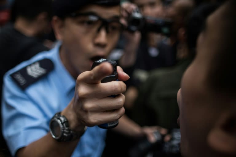 A police officer (L) berates a protester as he holds a pepper spray canister (C) during an anti-parallel trading protest in the Yuen Long district of Hong Kong on March 1, 2015