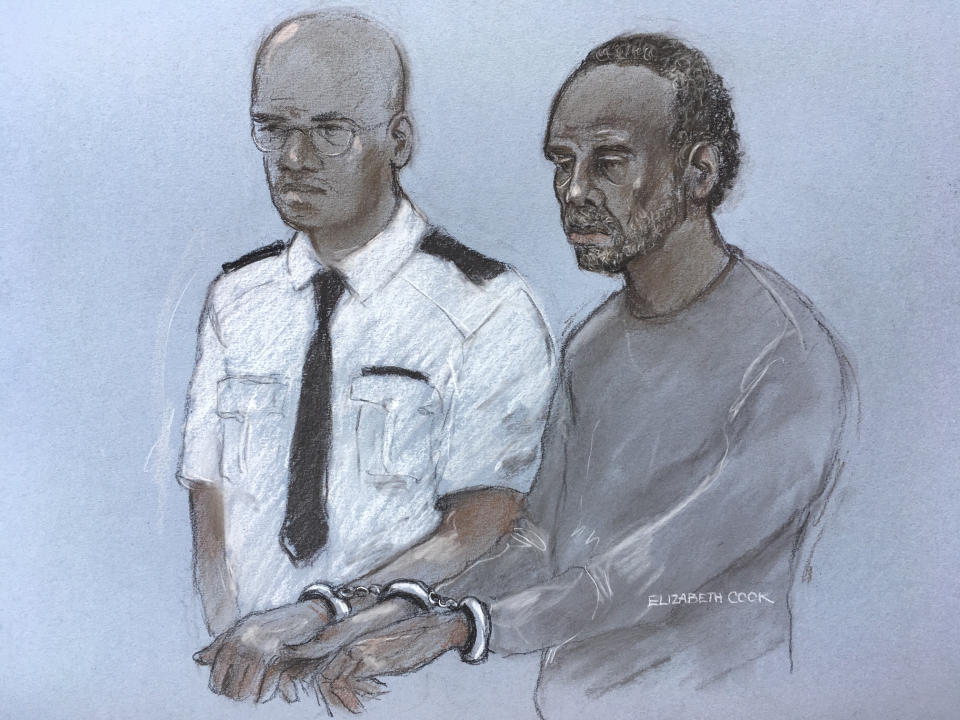 Court artist sketch by Elizabeth Cook of Muhammad Rodwan, 56, appearing at Thames Magistrates' Court charged with the attempted murder of Pc Stuart Outten, 28, and possession of an offensive weapon following an incident in Leyton, east London, just after midnight on Thursday.