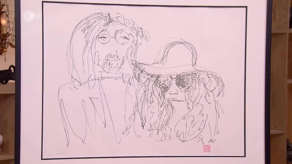 Eine limitierte John Lennon Lithografie (300 Stück) aus dem Jahr 1988 und einer Signatur von Yoko Ono faszinierte Julian Schmitz-Avila, der dafür 1.500 Euro bezahlte. Damit traf er die Expertise vonDetlev Kümmel (1.500-1.800 Euro). (Bild: ZDF)