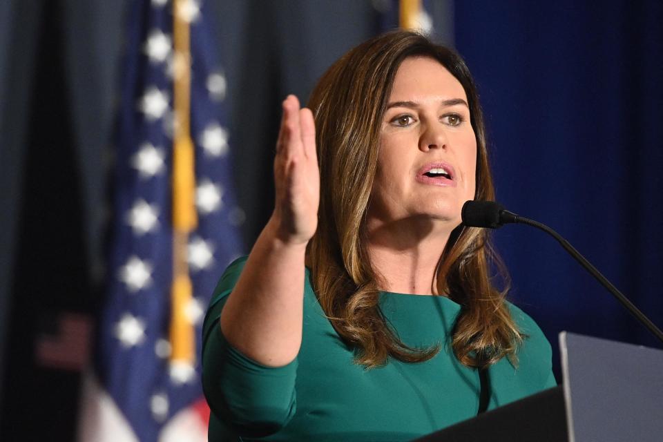 Former White House Press Secretary Sarah Huckabee Sanders speaks at the America First Policy Institute Agenda Summit in Washington, DC, on July 26, 2022. / Credit: MANDEL NGAN/AFP via Getty Images