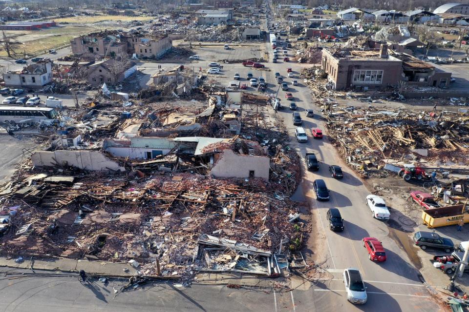 Destruction of buildings for blocks after the tornado hit Mayfield.