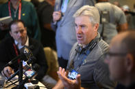 Jacksonville Jaguars head coach Doug Pederson talks with reporters during an AFC coaches availability at the NFL owners meetings, Monday, March 25, 2024, in Orlando, Fla. (AP Photo/Phelan M. Ebenhack)