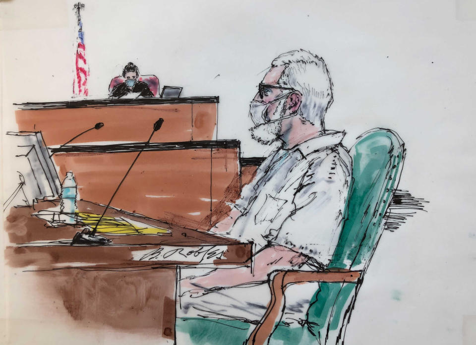 In this courtroom artist sketch Tahawwur Rana, appears during an extradition hearing in federal US court in Los Angeles, Thursday, June 24, 2021. A federal judge is weighing whether Rana, a former Chicago businessman, will be extracted to India in connection with his alleged involvement in the 2008 Mumbai terrorist attack in which 166 people, including six Americans were killed. (Bill Robles for AP)
