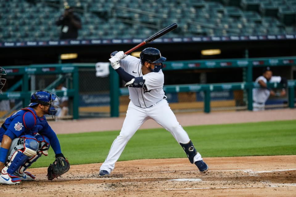 Tigers third baseman Isaac Paredes bats against the Cubs during the second inning at Comerica Park on Tuesday, Aug. 25, 2020.