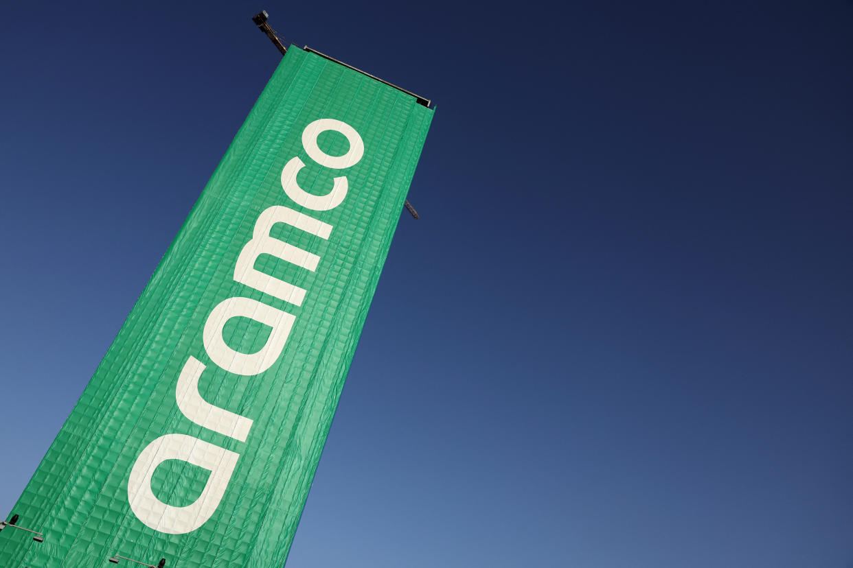 A banner bearing the Aramco logo is pictured at the Jeddah Corniche Circuit in Jeddah during the Saudi Arabian Formula One Grand Prix on March 8, 2024. (Photo by Giuseppe CACACE / AFP) (Photo by GIUSEPPE CACACE/AFP via Getty Images)