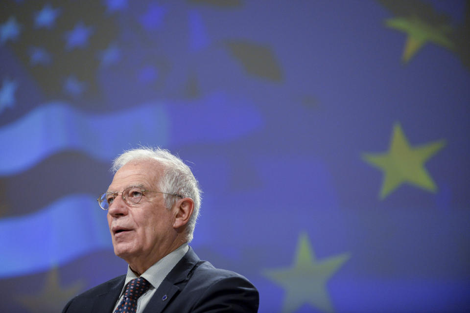 European Union foreign policy chief Josep Borrell speaks during a media conference at EU headquarters in Brussels, Wednesday, Dec. 2, 2020. The European Union is grasping the imminent arrival of the incoming Biden administration as a key moment to reset relations with the United States after four years of acrimony under President Donald Trump. (Johanna Geron, Pool via AP)