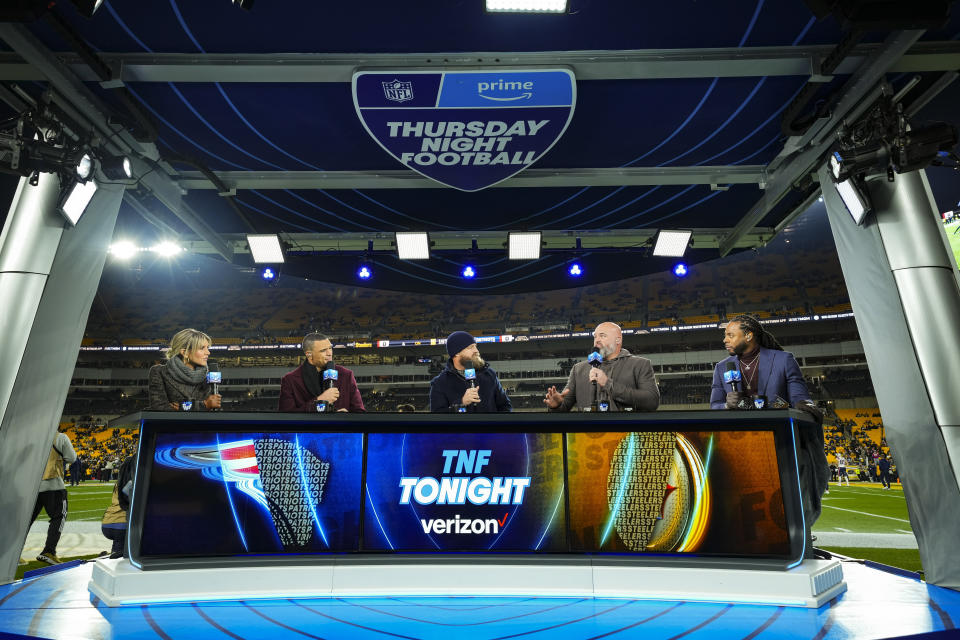 PITTSBURGH, PA - DECEMBER 7: Amazon Prime TNF Pregame Show before the NFL football game between the New England Patriots and Pittsburgh Steelers at Acquire Stadium on December 7, 2023 in Pittsburgh, Pennsylvania. Overall view.  (Photo by Cooper Neal/Getty Images)