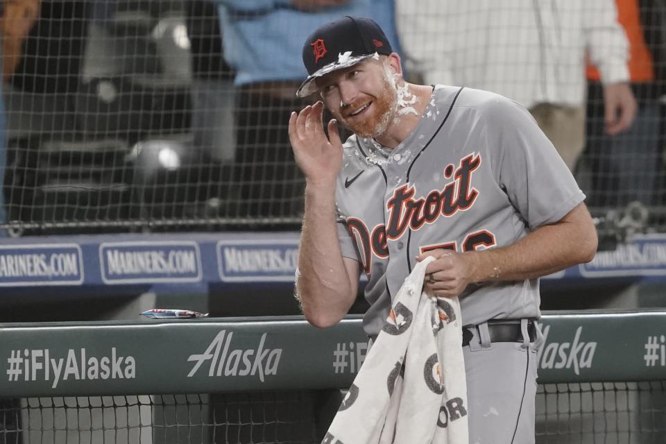 Detroit Tigers' Spencer Turnbull (56) reacts after a teammate smeared shaving cream on his face before an interview after Turnbull threw a no-hitter. (AP Photo/Ted S. Warren)