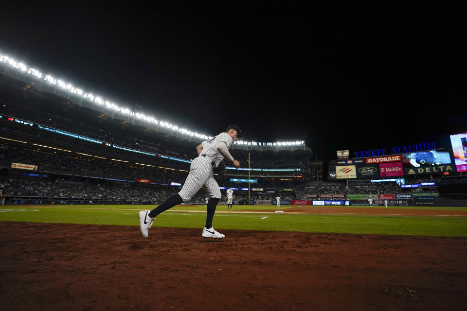 New York Yankees right fielder Aaron Judge takes the field for the sixth inning of the team's baseball game against the Toronto Blue Jays on Tuesday, Sept. 19, 2023, in New York. (AP Photo/Bryan Woolston)