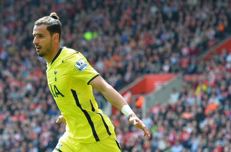 Tottenham Hotspur's Belgian midfielder Nacer Chadli celebrates after scoring their second goal during the English Premier League football match between Southampton and Tottenham Hotspur at St Mary's Stadium in Southampton on April 25, 2015