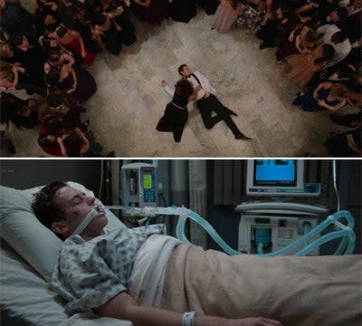 Justin Foley unconscious on the dance floor at prom and then in a hospital bed