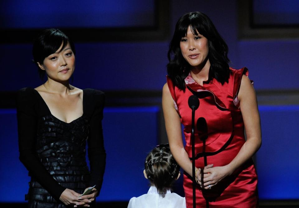 Journalists Euna Lee (left) and Laura Ling speak onstage at the The 2009 Women of the Year (Larry Busacca/Getty Images)