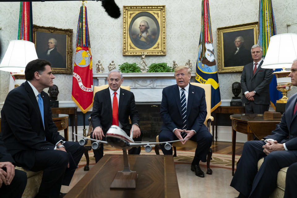 President Donald Trump speaks during a meeting with Israeli Prime Minister Benjamin Netanyahu in the Oval Office of the White House, Monday, Jan. 27, 2020, in Washington. (AP Photo/ Evan Vucci)