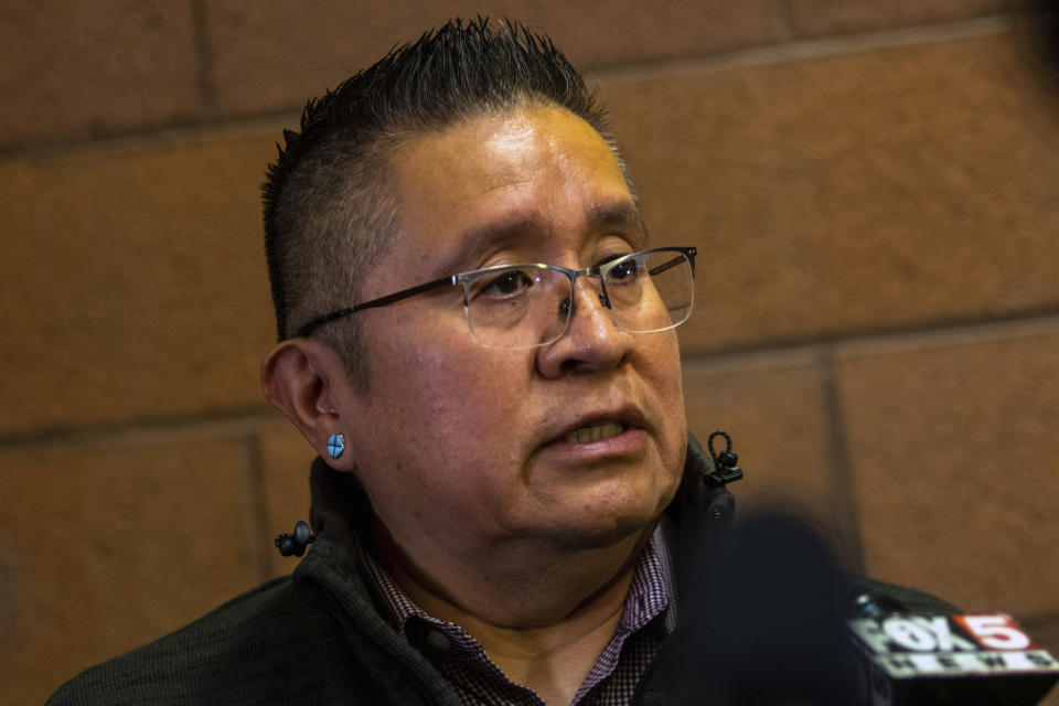 Rulon Pete, Executive Director of the Las Vegas Indian Center, speaks with the press, on Monday, Feb. 6, 2023, in North Las Vegas, Nev. Nathan Chasing Horse appeared in court for the second time after his arrest on charges of sexual assault and human trafficking. (AP Photo/Ty O'Neil)