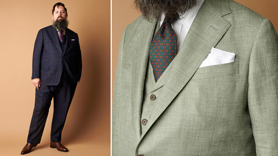 At left, an Articles of Style commission made from Huddersfield’s fresco. At right, another AOS suit cut from the mill’s Summer Breeze fabric.