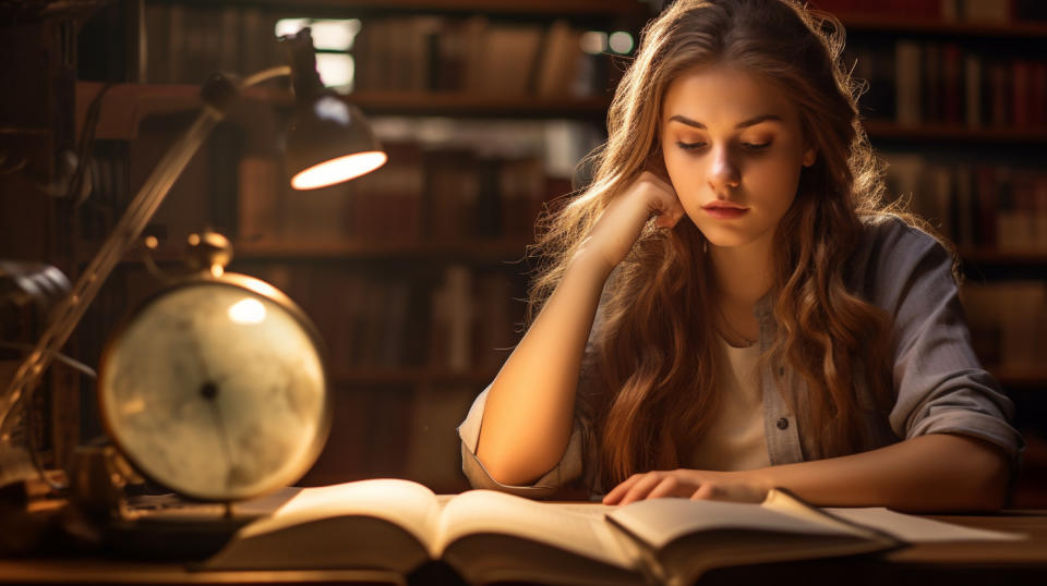 A doctoral student studying diligently at her desk, the light of knowledge shining in her eyes.