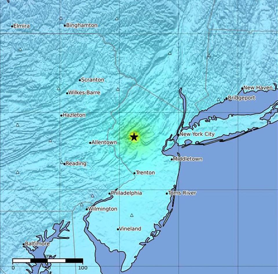 This image provided by US Geological Survey shows the epicenter of an earthquake on the East Coast of the US on Friday, April 5, 2024. AP