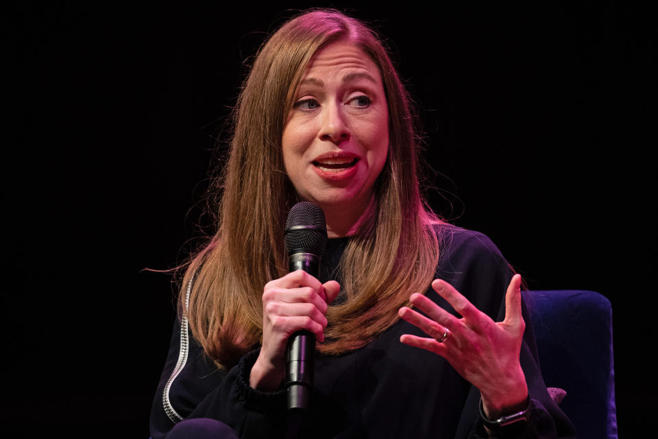 Chelsea Clinton talking to Mary Beard at the Southbank Centre in London at the launch of Gutsy Women: Favourite Stories of Courage and Resilience a book by Chelsea Clinton and Hillary Clinton about women who have inspired them. PA Photo. Picture date: Sunday November 10, 2019. Photo credit should read: Aaron Chown/PA Wire (Photo by Aaron Chown/PA Images via Getty Images)