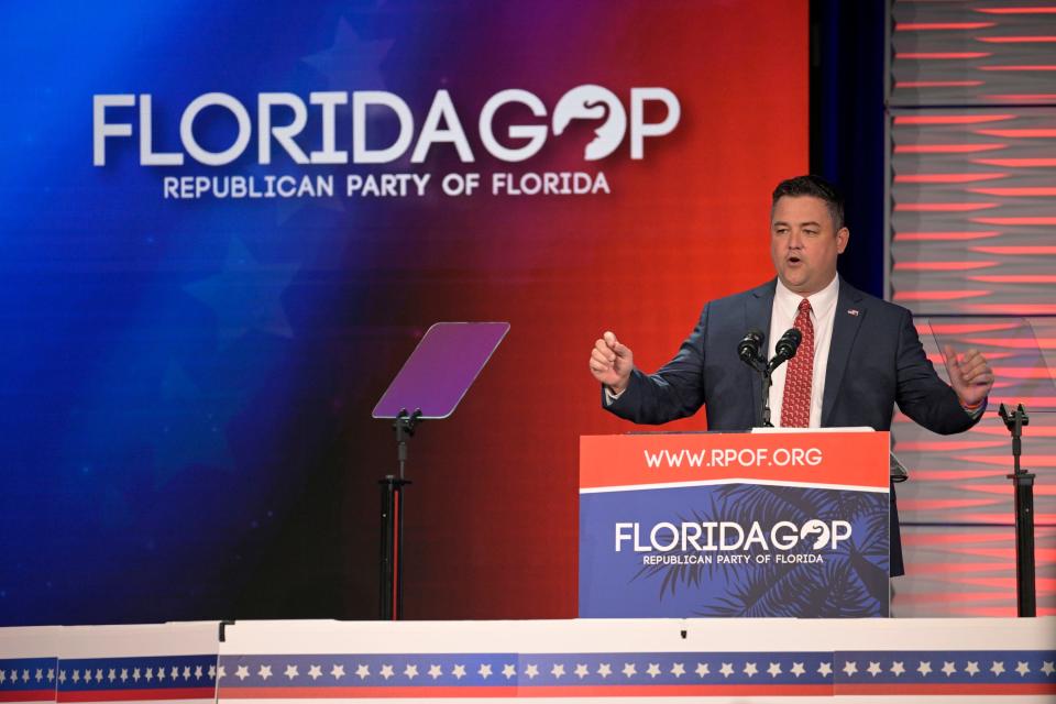 Florida Party of Florida Chairman Christian Ziegler addresses attendees at the Republican Party of Florida Freedom Summit, Saturday, Nov. 4, 2023, in Kissimmee, Florida.