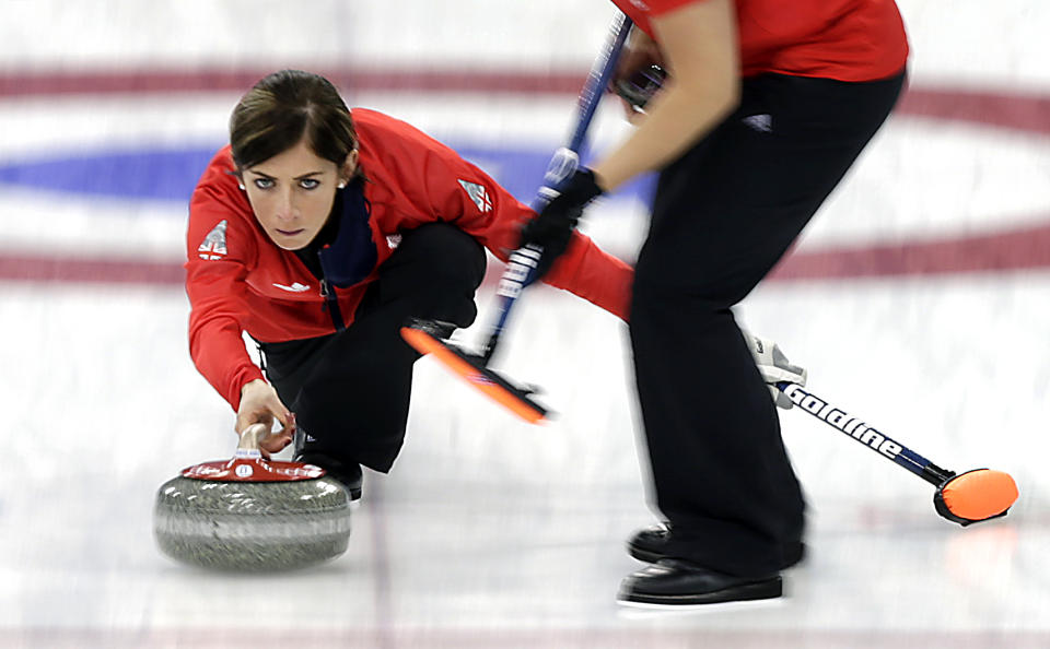 Britain's skip Eve Muirhead delivers the rock during the women's curling bronze medal game against Switzerland at the 2014 Winter Olympics, Thursday, Feb. 20, 2014, in Sochi, Russia. (AP Photo/Wong Maye-E)