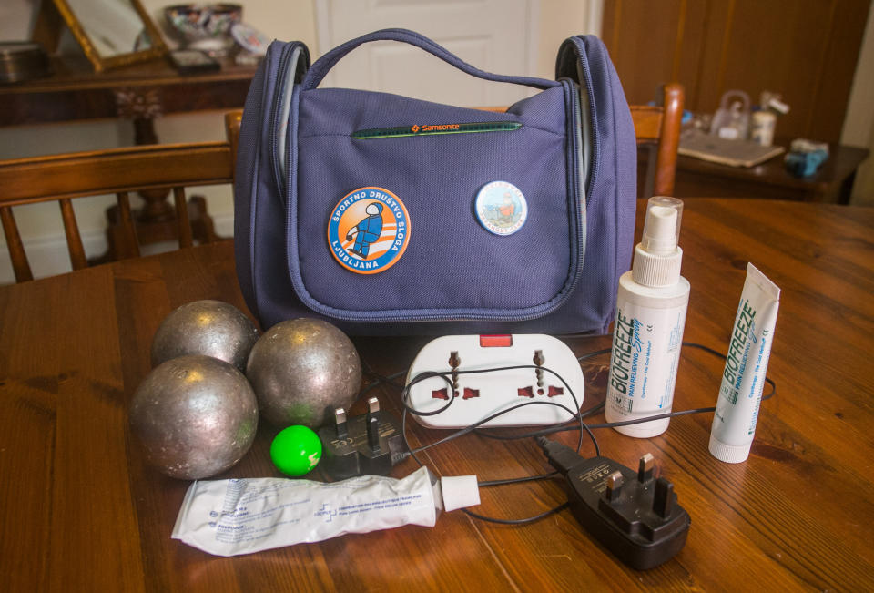 <em>Bomb – Keith’s suitcase containing his treasured set of three personalised metal balls along with his team kit, phone charger and lead was seized by airport security (Pictures: SWNS)</em>