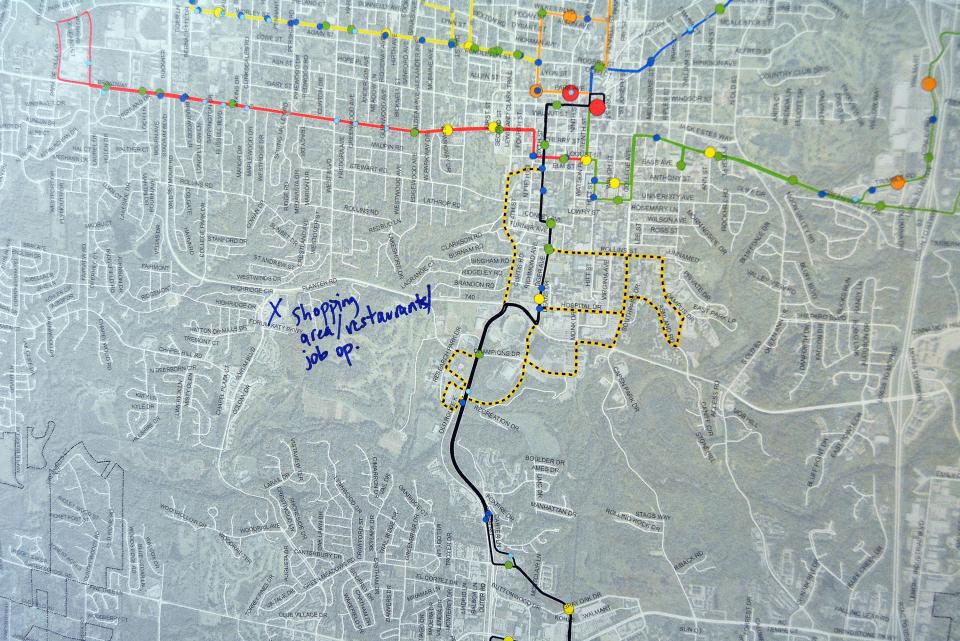 A map of Columbia bus routes at an open house meeting Tuesday asked guests to provide ideas of where they would like to see bus service in the city. One guest noted the Stadium and Forum shopping area. The city has started a roughly yearlong comprehensive transit study.
