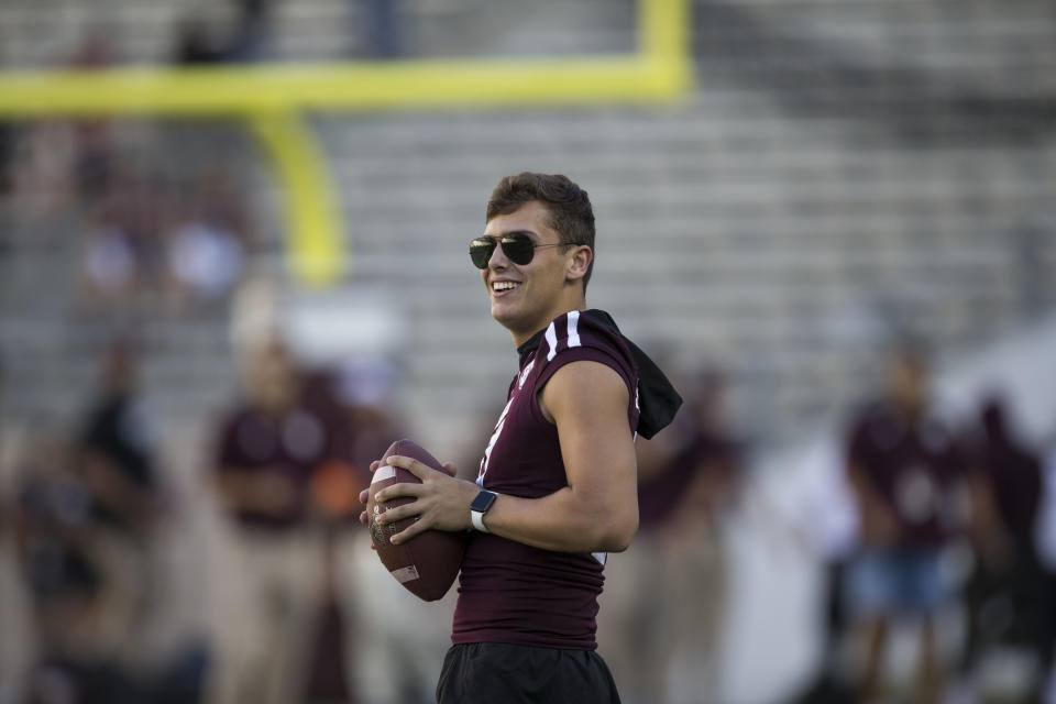 Texas A&M quarterback Nick Starkel (17) throws passes before the start of an NCAA college football game against South Carolina Saturday, Sept. 30, 2017, in College Station, Texas. (AP Photo/Sam Craft)