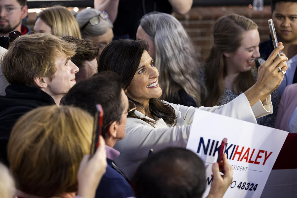 Republican presidential candidate Nikki Haley greets supporters after her speech Wednesday, Feb. 15, 2023, in Charleston, S.C. (AP Photo/Mic Smith)