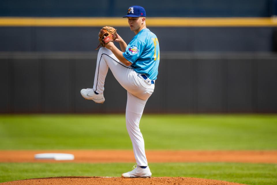 Amarillo Sod Poodles pitcher Ross Carver (17) against the Frisco RoughRiders on Sunday, Sept. 11, 2022, at HODGETOWN in Amarillo, Texas.