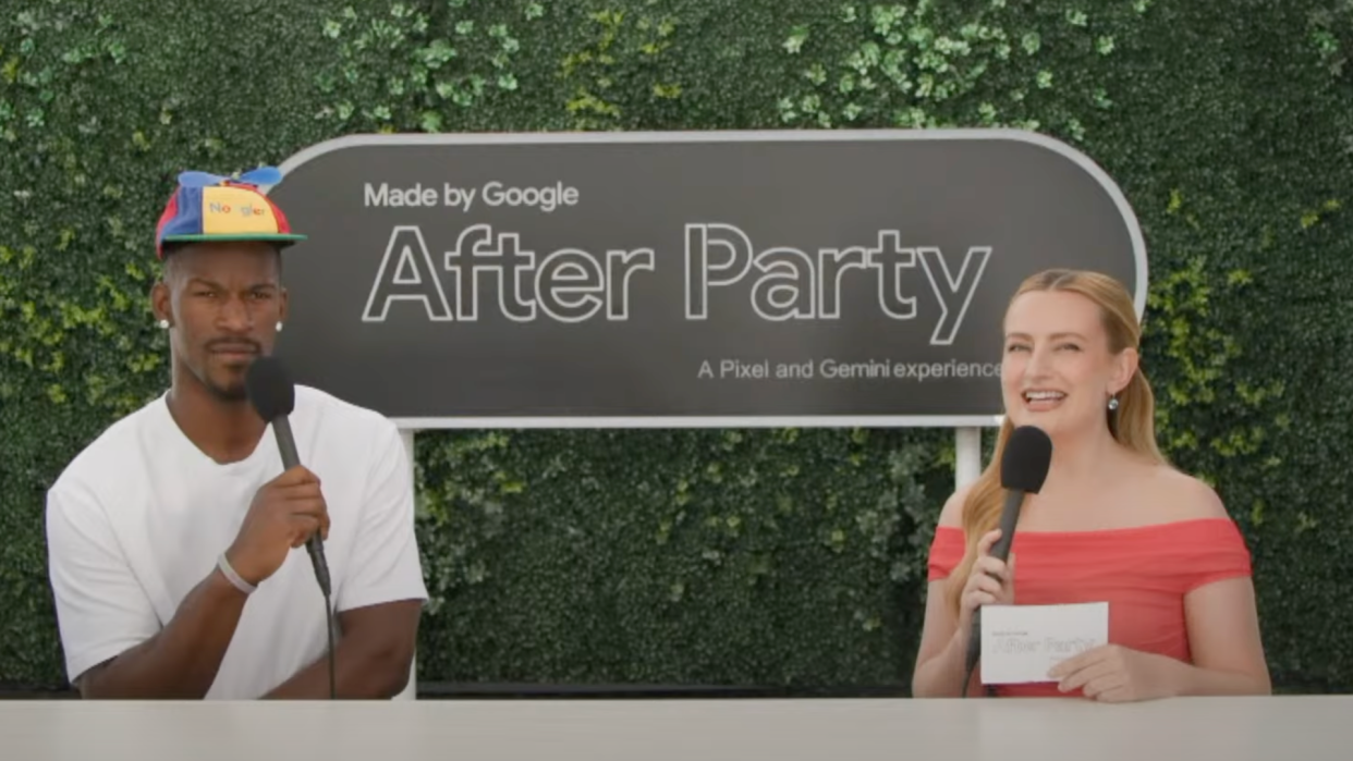 Jimmy Butler and Amelia Dimoldenberg in front of a sign that reads 