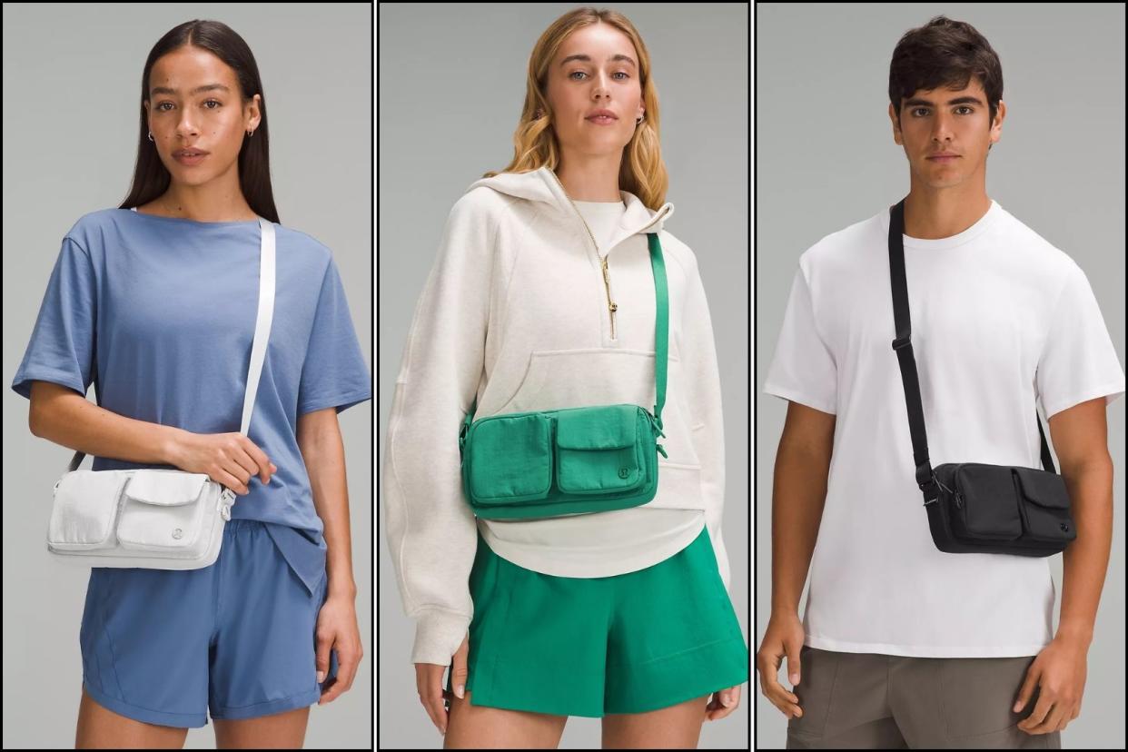 three people wearing different colours of Lululemon's new crossbody bag