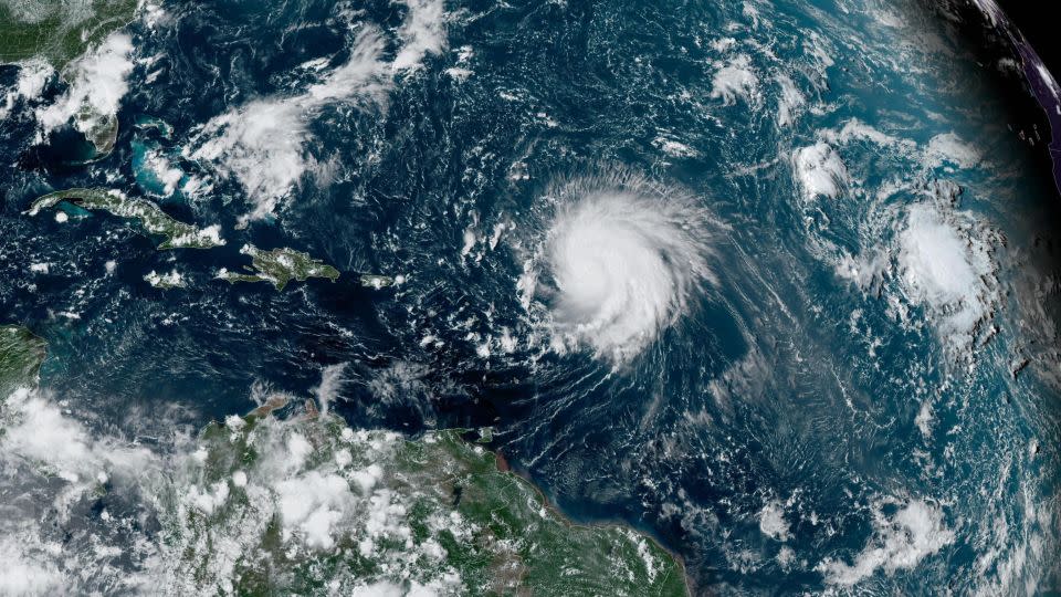 In this NOAA image taken by the GOES satellite, Hurricane Lee crosses the Atlantic Ocean as it moves west on September 8, 2023. - NOAA/Getty Images