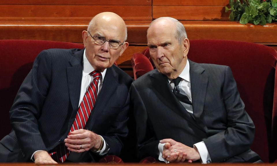 President Russell M. Nelson, right, as his counselor, Dallin H. Oaks, left, speak during the twice-annual conference of The Church of Jesus Christ of Latter-day Saints Saturday, Oct. 6, 2018, in Salt Lake City. (AP Photo/Rick Bowmer)