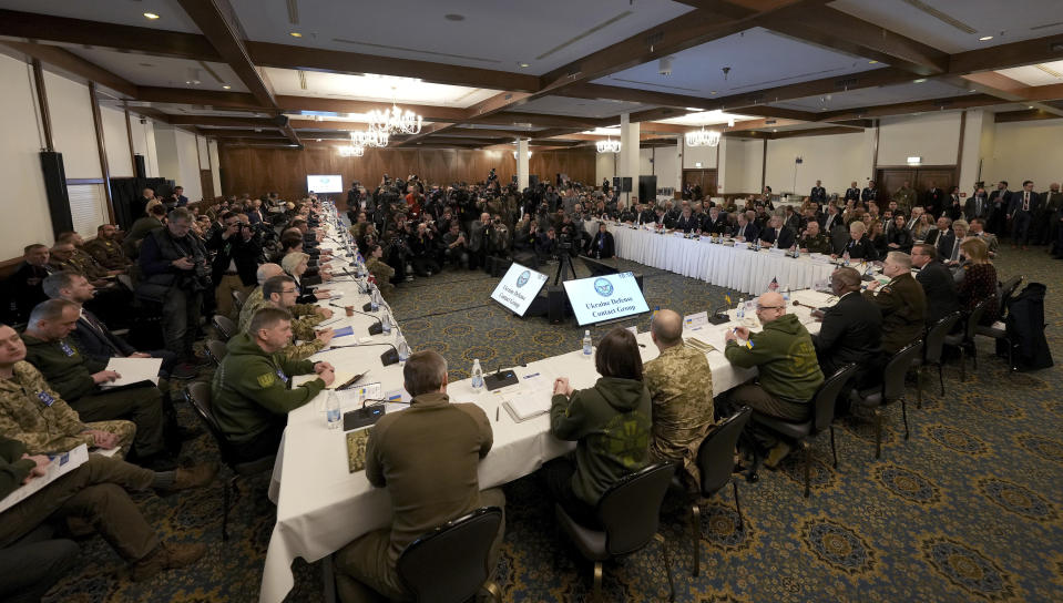 Participants attend the meeting of the 'Ukraine Defense Contact Group' at Ramstein Air Base in Ramstein, Germany, Friday, Jan. 20, 2023. Defense leaders are gathering at Ramstein Air Base in Germany Friday to hammer out future military aid to Ukraine, amid ongoing dissent over who will provide the battle tanks that Ukrainian leaders say they desperately need(AP Photo/Michael Probst)